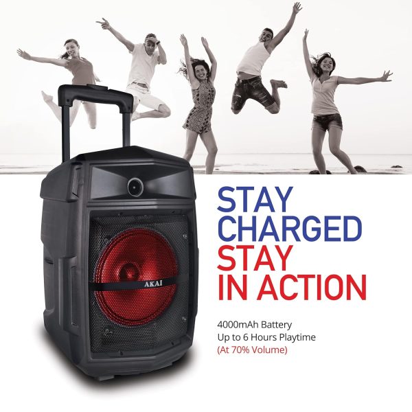Akai PM-80T, 80 Watts Bluetooth Trolley PartySpeaker with 6 Hours Battery Backup and Wireless Mic, Black