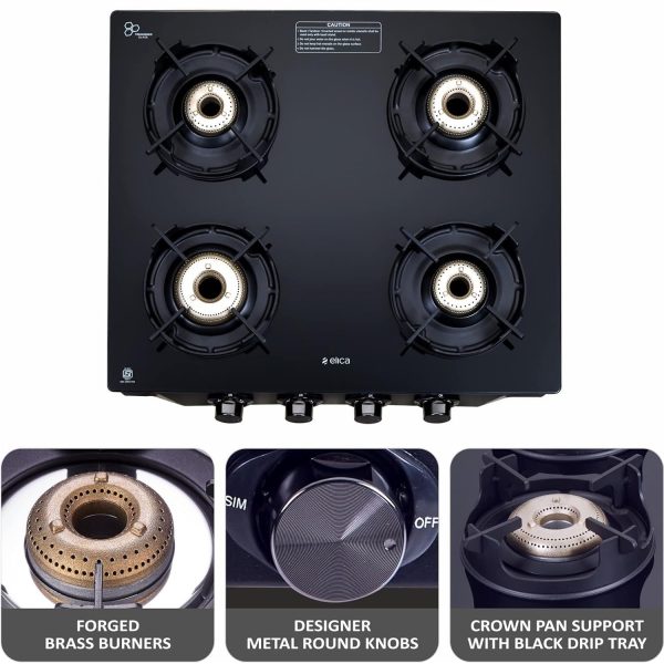 Elica 4 Burner Stove with Crown Pan Support and Forged Brass Burner, Black, CREST 460J NERO