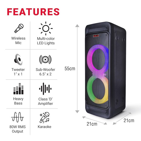 Akai PM80P, 80 Watts Party Speaker with 8 Hours Playtime and Karoke Mic, Black