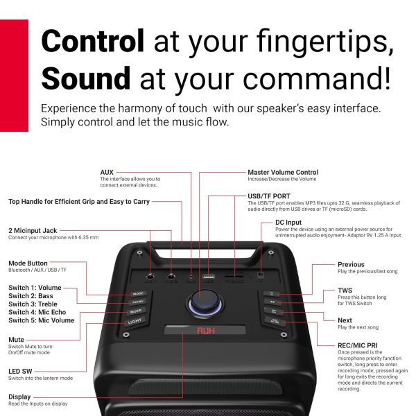 Akai PM80P, 80 Watts Party Speaker with 8 Hours Playtime and Karoke Mic, Black