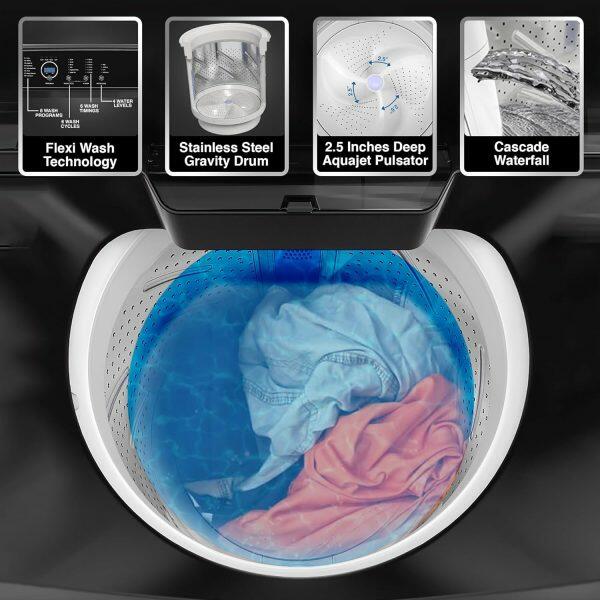 Godrej WT Eon 75, 7.5 KG Fully Automatic Top Load Machine with Zero Pressure Technology and 26 Wash Program, Black