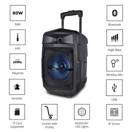 Akai PM-80T, 80 Watts Bluetooth Trolley PartySpeaker with 6 Hours Battery Backup and Wireless Mic, Black