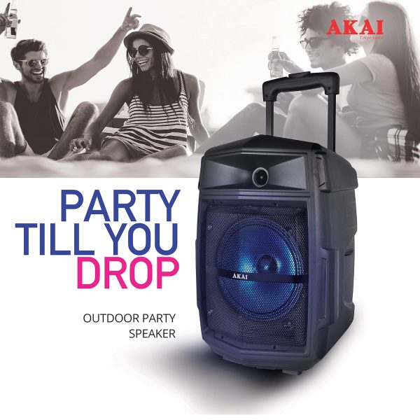 Akai PM-80T, 80 Watts Bluetooth Trolley PartySpeaker with 6 Hours Battery Backup and Wireless Mic, Black