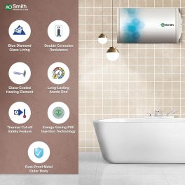 AO Smith Elegance Slim, 15 Litre Horizontal Geyser with 3 Star Rating and Sleek Design, White