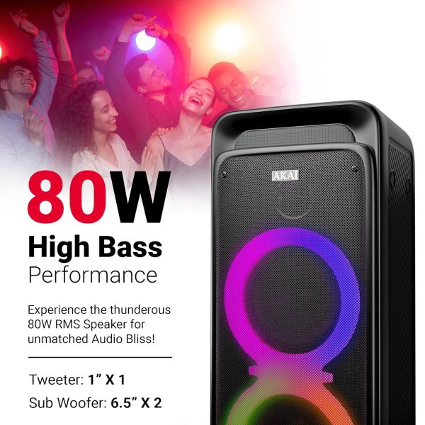 Akai PM80P, 80 Watts Party Speaker with 8 Hours Playtime and Karoke Mic, Black