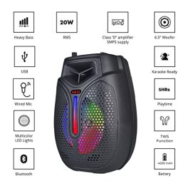 AKAI Party Speakers PM 20P with 20W RMS 65 inch Single Driver Extra Powerful Battery 4000mAh immersive Sound Quality with Wired Karaoke Mic 0 0