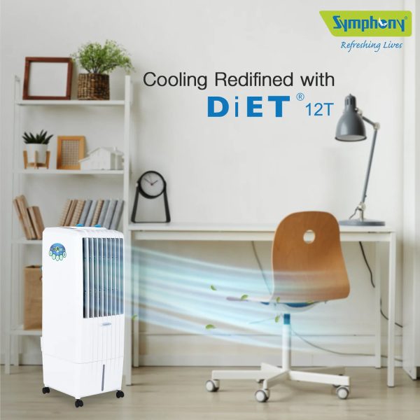 Symphony 12 Liter Air Cooler with Honeycomb Pad and Inverter Compatibility, White, Diet 12T