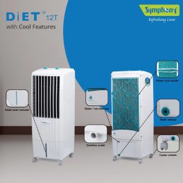 Symphony 12 Liter Air Cooler with Honeycomb Pad and Inverter Compatibility, White, Diet 12T