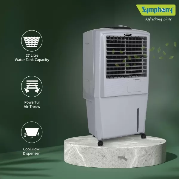 Symphony 27 Liter Personal Air Cooler with Honeycomb Pad and Powerful Fan, Grey, HIFLO 27