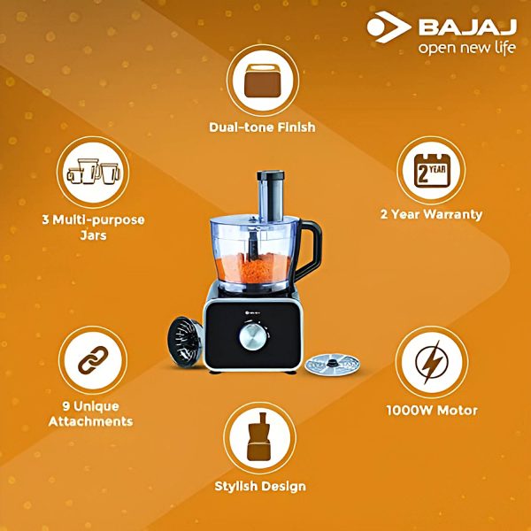 Bajaj FX-1000 Dlx, 1000 Watts Food Processor And Mixer Grinder With 9 Attachments, 100% Copper Motor, Processing Bowl With 3 Jars, Safety Interlock, Black
