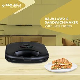 Bajaj SWX 4 Deluxe 800 Watt 2 Slice Grill Sandwich Maker Non Stick Coated Plates for Easy to Clean Upright Compact Storage Buckle Clips Lock 2 Yr Warranty by Bajaj Black Sandwich Toaster 0 0