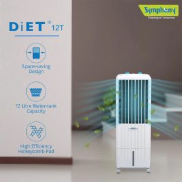 Symphony 12 Liter Air Cooler with Honeycomb Pad and Inverter Compatibility, White, Diet 12T