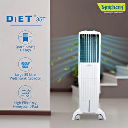 Symphony 35 Liter Tower Air Cooler with Honeycomb Pad and Powerful Blower, White, DIET 35T
