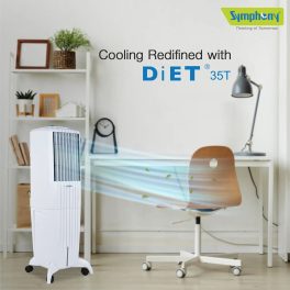 Symphony 35 Liter Tower Air Cooler with Honeycomb Pad and Powerful Blower, White, DIET 35T