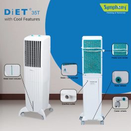Symphony 35 Liter Tower Air Cooler with Honeycomb Pad and Powerful Blower, White, DIET 35T