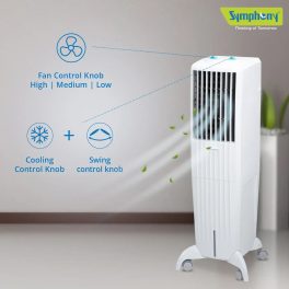 Symphony 35 Liter Tower Air Cooler with Honeycomb Pad and Powerful Blower, White, DIET 35T