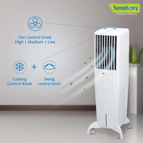 Symphony 35 Liter Tower Air Cooler with Honeycomb Pad and Powerful Blower, White, DIET 35T