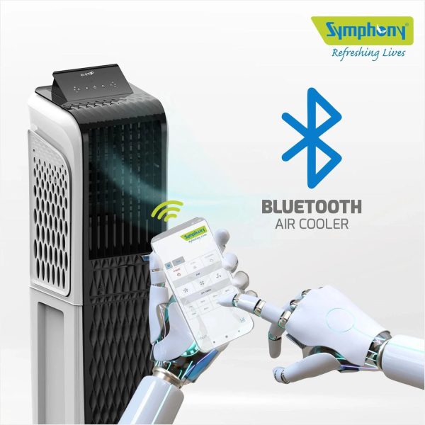 Symphony 55 Liter Tower Air Cooler with 3 Side Honeycomb Pad, Auto Pop-Up Touchscreen and Magnetic Remote, White/Black, DIET 3D 55I