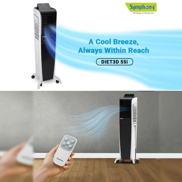 Symphony 55 Liter Tower Air Cooler with 3 Side Honeycomb Pad, Auto Pop-Up Touchscreen and Magnetic Remote, White/Black, DIET 3D 55I