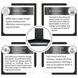 Elica 60 cm 1425 m3hr Autoclean Kitchen Chimney with Brushless DC Motor WDAT HAC 60 MS BLDC NERO 2 Baffle Filters Touch Motion Sensor Control Black 0 0