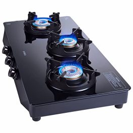 Elica Crest 3 Burner Gas Stove with Crown Design Pan Support and Forged Brass Burners CREST 370 J NERO Black 0 0