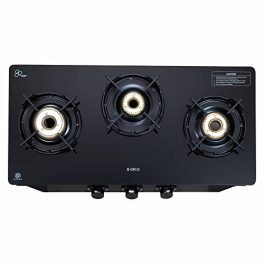 Elica Crest 3 Burner Gas Stove with Crown Design Pan Support and Forged Brass Burners CREST 370 J NERO Black 0
