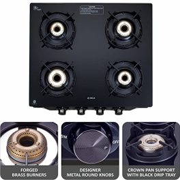 Elica Crest 4 Burner Gas Stove with Crown Design Pan Support and Forged Brass Burners CREST 460 J NERO Black 0 4