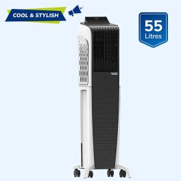 Symphony 55 Liter Tower Air Cooler with 3 Side Honeycomb Pad, Auto Pop-Up Touchscreen and Magnetic Remote, White/Black, DIET 3D 55I