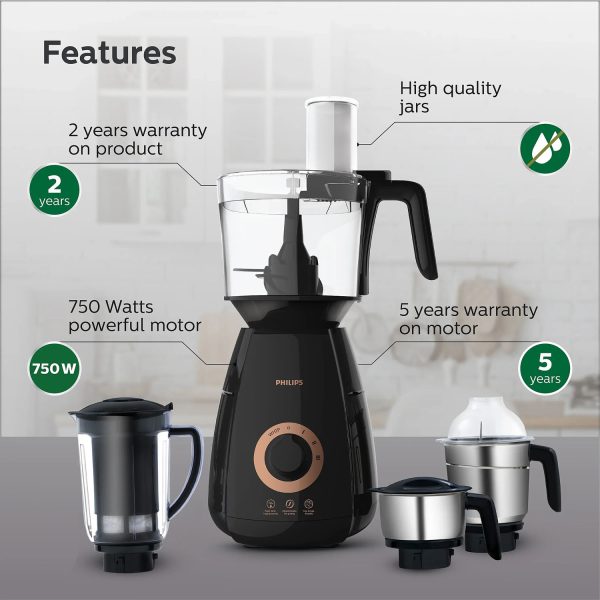 PHILIPS HL7707, 750 Watts 4 Jar Mixer Grinder with Food Processor Jar, Black