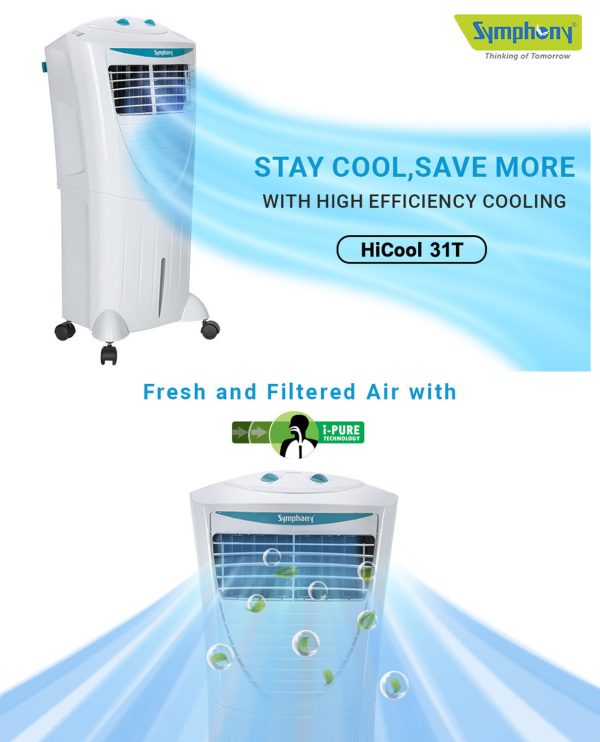 Symphony 31 Liter Personal Air Cooler with Honeycomb Pad & Blower, White, HICOOL 31T