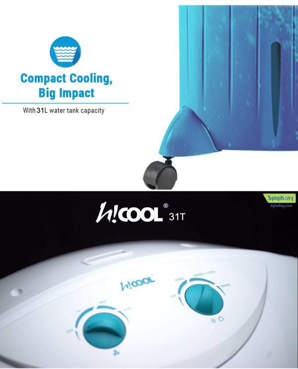 Symphony 31 Liter Personal Air Cooler with Honeycomb Pad & Blower, White, HICOOL 31T