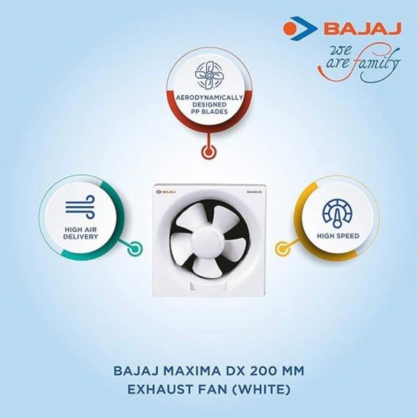 Bajaj 200MM (8 Inch) Exhaust Fan with 100% Copper Motor, Rust Free Body and Back shutter, White, MAXIMA DXL