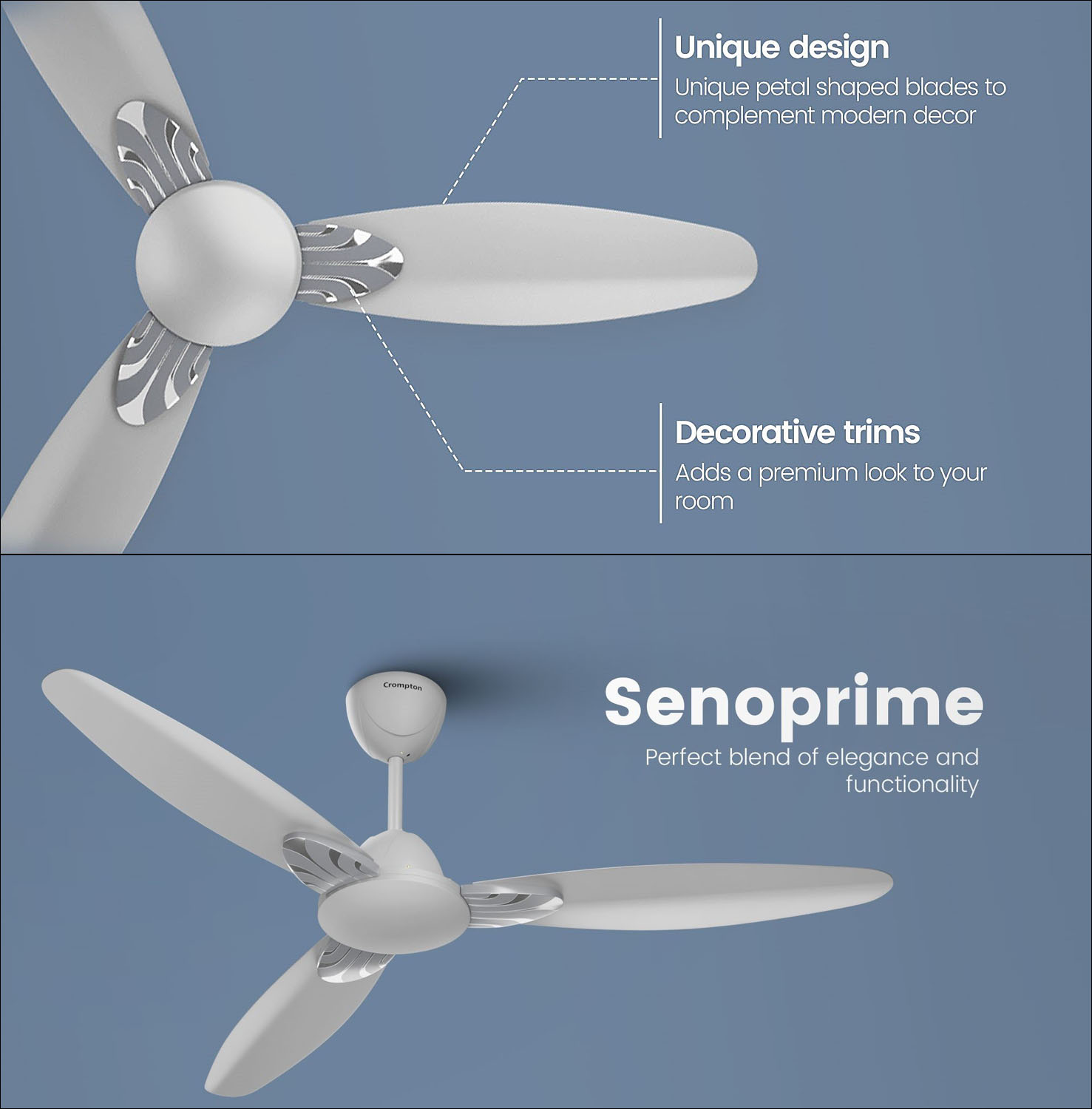 Crompton 1200MM (48 Inch) Ceiling Fan with High Speed, Anti Dust and Double Ball Bearing, Cool Grey, SENO PRIME Crompton 1200MM (48 Inch) Ceiling Fan with High Speed, Anti Dust and Double Ball Bearing, Cool Grey, SENO PRIME