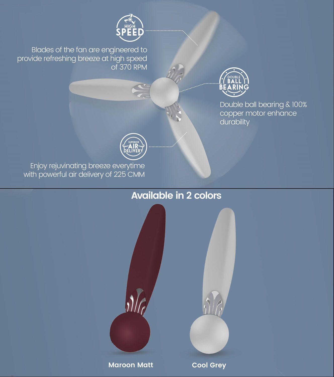 Crompton 1200MM (48 Inch) Ceiling Fan with High Speed, Anti Dust and Double Ball Bearing, Cool Grey, SENO PRIME Crompton 1200MM (48 Inch) Ceiling Fan with High Speed, Anti Dust and Double Ball Bearing, Cool Grey, SENO PRIME