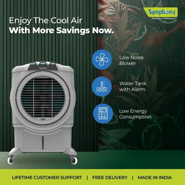 Symphony 75 Liter Desert Air Cooler with Honeycomb Pad and Powerful Fan, Grey, Sumo 75XL