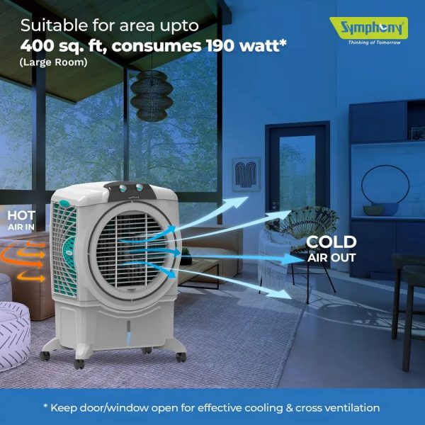 Symphony 75 Liter Desert Air Cooler with Honeycomb Pad and Powerful Fan, Grey, Sumo 75XL
