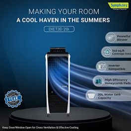 Symphony Diet 3D 20i Portable Tower Air Cooler For Home with 3 Side Honeycomb Pads Pop Up Touchscreen i Pure Technology and Low Power Consumption 20L White Black 0 0