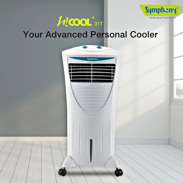 Symphony 31 Liter Personal Air Cooler with Honeycomb Pad & Blower, White, HICOOL 31T