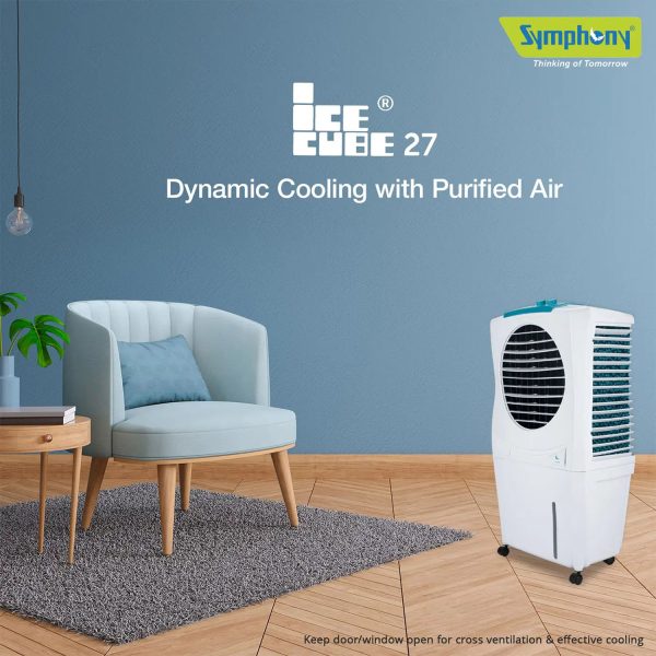 Symphony 27 Liter Personal Air Cooler with Honeycomb Pad, White, ICECUBE 27