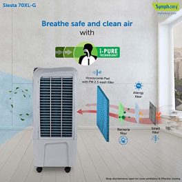 Symphony Siesta 70 XL Desert Air Cooler For Home with Honeycomb Pads Powerful Fan i Pure Technology and Low Power Consumption 70L Grey 0 3