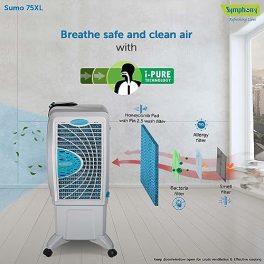 Symphony Sumo 75 XL Desert Air Cooler For Home with Honeycomb Pads Powerful Air Fan i Pure Console and Low Power Consumption 75L Grey 0 3