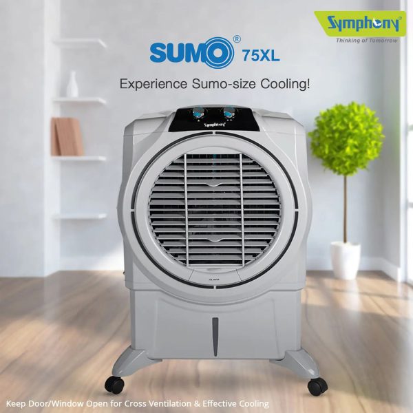 Symphony 75 Liter Desert Air Cooler with Honeycomb Pad and Powerful Fan, Grey, Sumo 75XL