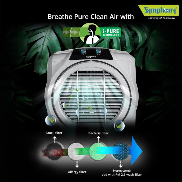 Symphony 75 Liter Desert Air Cooler with Honeycomb Pad and Powerful Fan, Grey, Sumo 75XL