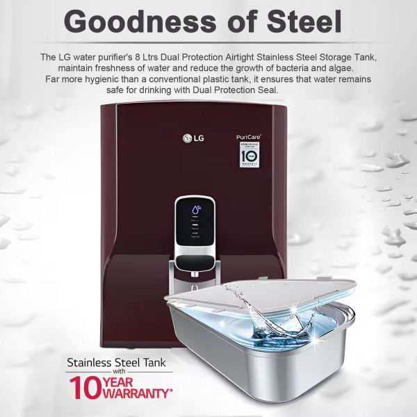 LG WW120NNC, UV+UF+HMR Water Purifier with 8 Litre Stainless Steel Tank, Crimson Rad
