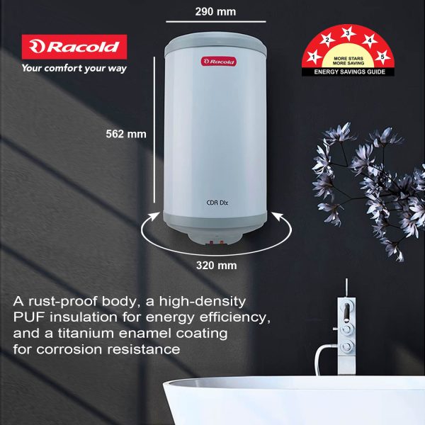 Racold CDR DXL, 15 Litre 2000W Storage Water Heater with 5 Star Rating and Titanium enamel coating with Rust Proof Body, White