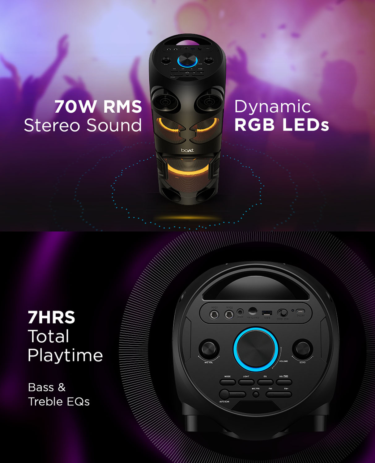 boAt 70Watts Party Speaker with 7 Hours of Battery Backup, Black, Partypal 208 boAt 70Watts Party Speaker with 7 Hours of Battery Backup, Black, Partypal 208