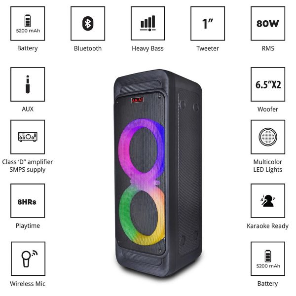 Akai PM80P, 80 Watts Party Speaker with 8 Hours Playtime and Karoke Mic, Black