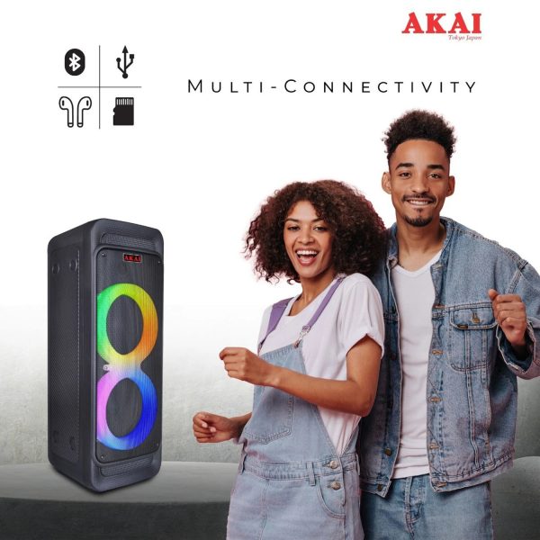 Akai PM80P, 80 Watts Party Speaker with 8 Hours Playtime and Karoke Mic, Black