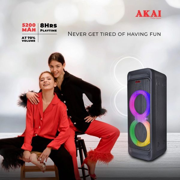 Akai PM80P, 80 Watts Party Speaker with 8 Hours Playtime and Karoke Mic, Black