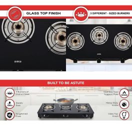 Elica 3 Burner Cooktop with 1 Jumbo Burner and Tempered Glass, Black, CT VETRO 370J